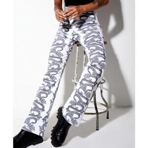 MOTEL Rocks Zoven Trouser 90s Y2k Flare Leg Printed Pants in Dragon Rope White